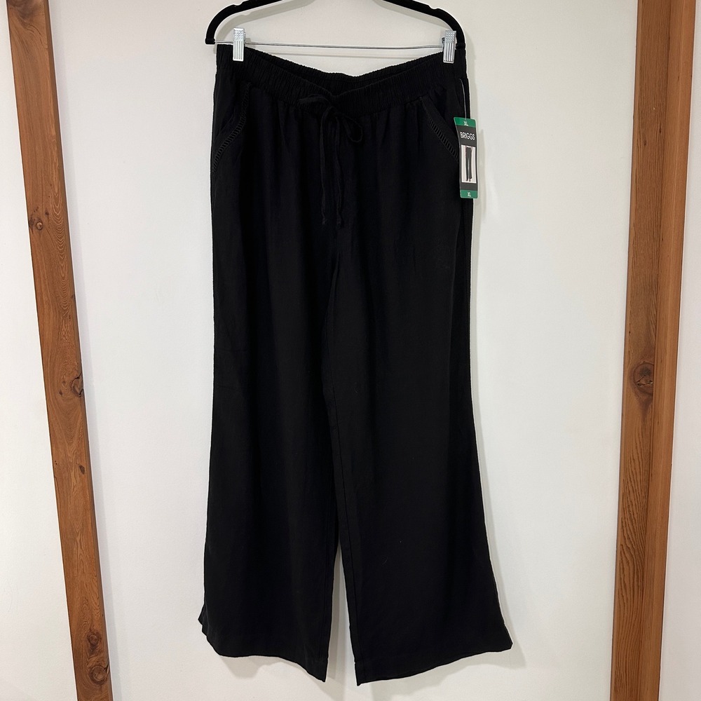 Briggs Linen Blend Wide Leg Pants Womens XL Black Drawstring Coastal Minimalist